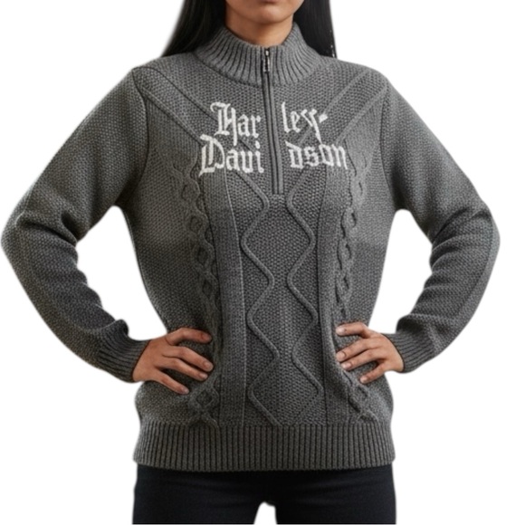 Harley-Davidson Sweaters - Harley Davidson Ombré Gray Cable Knit Embroidery Front 3/4 Zip Pull Over Sweater